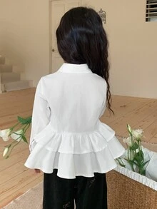 DAZY Infant Girl Solid Color Long Sleeve Top With Turn Collar And Ruffle Trim - White - View 2