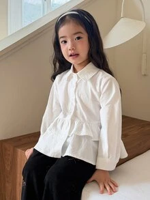 DAZY Infant Girl Solid Color Long Sleeve Top With Turn Collar And Ruffle Trim - White - View 7