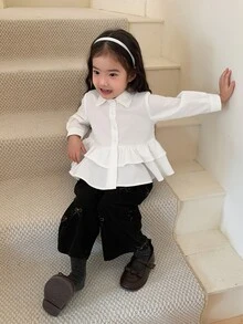 DAZY Infant Girl Solid Color Long Sleeve Top With Turn Collar And Ruffle Trim - White - View 5