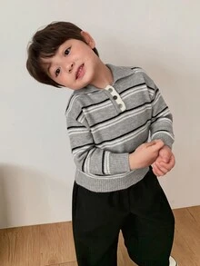 DAZY Infant Boys Striped Long Sleeve Contrast Color Cardigan Sweater, Autumn/Winter - Grey - View 1