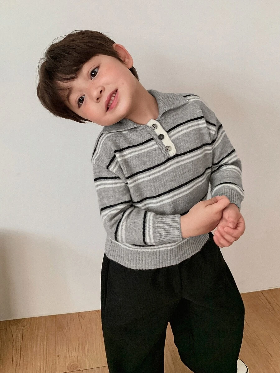 DAZY Infant Boys Striped Long Sleeve Contrast Color Cardigan Sweater, Autumn/Winter - Grey - View 1