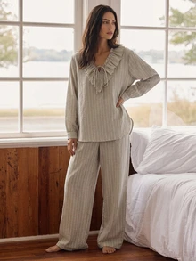 Livesso Women's Ruffle Collar Front Tie Long Sleeve Top And Pants Pajama Set - Khaki - View 4