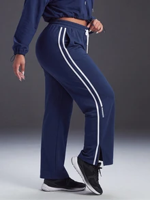 Powerista Women's Plus Size All Seasons Drawstring Waist Navy Blue Wide Leg Outdoor Pants White Side Stripes Casual Alternative Tropical Gym Summer - Navy Blue - View 5