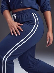 Powerista Women's Plus Size All Seasons Drawstring Waist Navy Blue Wide Leg Outdoor Pants White Side Stripes Casual Alternative Tropical Gym Summer - Navy Blue - View 8