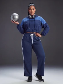 Powerista Women's Plus Size All Seasons Drawstring Waist Navy Blue Wide Leg Outdoor Pants White Side Stripes Casual Alternative Tropical Gym Summer - Navy Blue - View 9