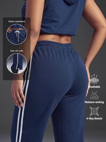 Powerista Women's Plus Size All Seasons Drawstring Waist Navy Blue Wide Leg Outdoor Pants White Side Stripes Casual Alternative Tropical Gym Summer - Navy Blue - View 3