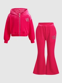 Kids Young Girls Young Girl Rose Pink Jacket & Sweatshirt 2-Piece Set, Casual Daily Versatile Fashion, Soft & Comfortable, Autumn/Winter New Style - Pink - View 8