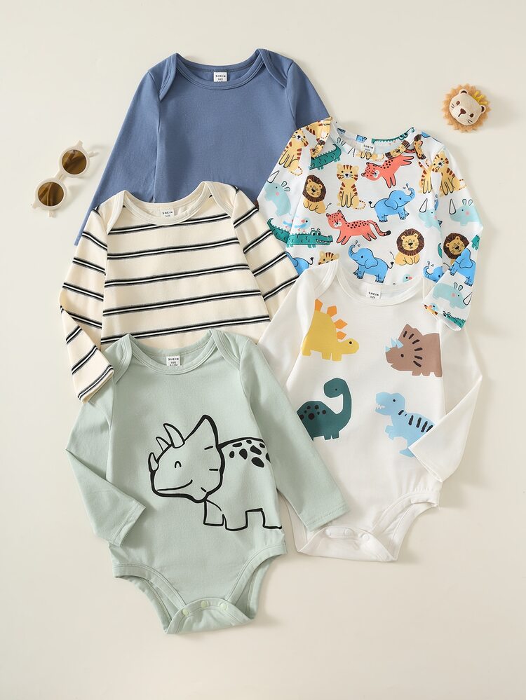 SHEIN 5pcs Baby Boy Baby Girl Cartoon Animal Pattern Knitted Romper Set, Infant Basic Autumn Bodysuit Multi-Piece Set, Cute Dinosaur Romper - Multicolor - View 3