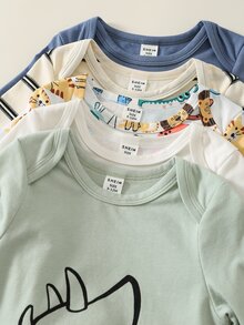 SHEIN 5件組嬰兒男嬰女嬰卡通動物圖案針織連身衣套裝，嬰兒基礎款秋季連身衣多件套裝，可愛恐龍連身衣 - 彩色 - 查看 7