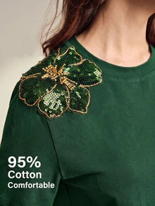 Anewsta 女款花卉圖案短袖圓領T恤，春/夏 - 綠色 - 查看 1