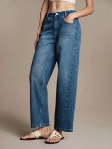 Anewsta Essential Fall Casual Blue Washed Slim Fit Jeans Women Cotton Office Commute Versatile Stretch Denim Pants Modern - Medium Wash - View 5