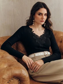 Anewsta Sweater Wanita Elegan, Romantis, Pas Badan, Lengan Panjang, Kerah Renda Berongga, Cocok untuk Aktivitas Sehari-hari - Hitam - View 8