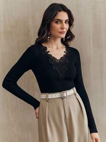 Anewsta Sweater Wanita Elegan, Romantis, Pas Badan, Lengan Panjang, Kerah Renda Berongga, Cocok untuk Aktivitas Sehari-hari - Hitam - View 5