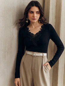 Anewsta Sweater Wanita Elegan, Romantis, Pas Badan, Lengan Panjang, Kerah Renda Berongga, Cocok untuk Aktivitas Sehari-hari - Hitam - View 6