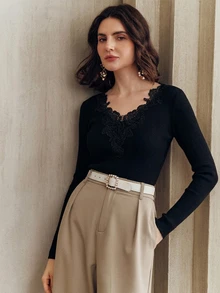 Anewsta Sweater Wanita Elegan, Romantis, Pas Badan, Lengan Panjang, Kerah Renda Berongga, Cocok untuk Aktivitas Sehari-hari - Hitam - View 3