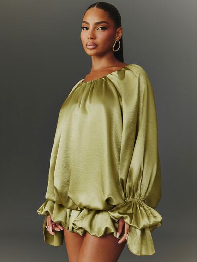 NYA SZN Dress Mini Length Balloon Hem Boatneck Long Sleeve Sexy Holiday Casual Going Out Special Occasion Festival Sexy Elegant Cute Chic Green Fall Winter
