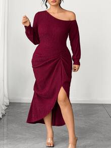 Cravure Plus Size Women's Fashion Cold Shoulder Pleated Asymmetrical Hem Romantic Sexy Elegant Casual Commute Cocktail Date Party Evening Dress Burgundy Fall - Burgundy - View 9