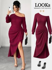 Cravure Plus Size Women's Fashion Cold Shoulder Pleated Asymmetrical Hem Romantic Sexy Elegant Casual Commute Cocktail Date Party Evening Dress Burgundy Fall - Burgundy - View 3