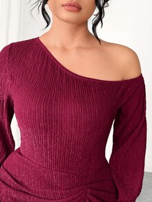 Cravure Plus Size Women's Fashion Cold Shoulder Pleated Asymmetrical Hem Romantic Sexy Elegant Casual Commute Cocktail Date Party Evening Dress Burgundy Fall - Burgundy - View 5