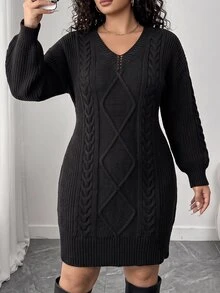 Elenzga Autumn/Winter Thickened Plus Size V-Neck Solid Color Dress With Lantern Sleeves, Fitted Diamond Cable Knit Bodycon Casual Sweater Dress - Black - View 6