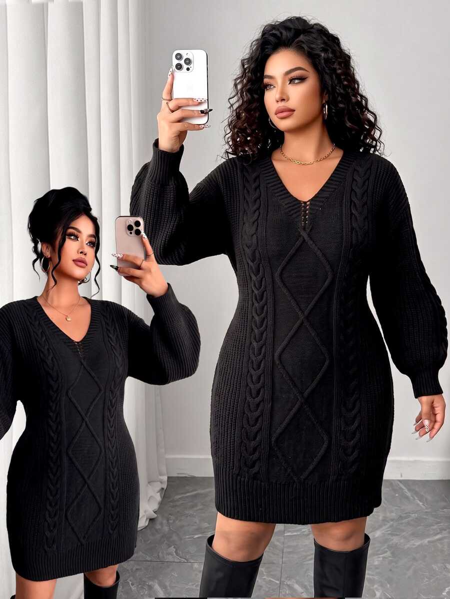 Elenzga Autumn/Winter Thickened Plus Size V-Neck Solid Color Dress With Lantern Sleeves, Fitted Diamond Cable Knit Bodycon Casual Sweater Dress
