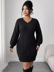Elenzga Autumn/Winter Thickened Plus Size V-Neck Solid Color Dress With Lantern Sleeves, Fitted Diamond Cable Knit Bodycon Casual Sweater Dress - Black - View 7