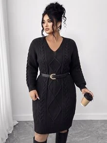 Elenzga Autumn/Winter Thickened Plus Size V-Neck Solid Color Dress With Lantern Sleeves, Fitted Diamond Cable Knit Bodycon Casual Sweater Dress - Black - View 5