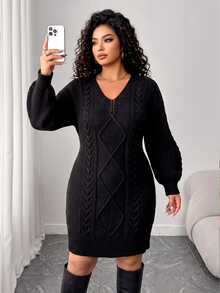 Elenzga Autumn/Winter Thickened Plus Size V-Neck Solid Color Dress With Lantern Sleeves, Fitted Diamond Cable Knit Bodycon Casual Sweater Dress - Black - View 3