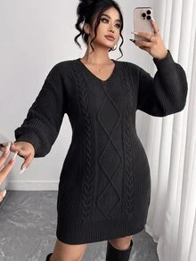Elenzga Autumn/Winter Thickened Plus Size V-Neck Solid Color Dress With Lantern Sleeves, Fitted Diamond Cable Knit Bodycon Casual Sweater Dress - Black - View 9
