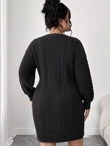 Elenzga Autumn/Winter Thickened Plus Size V-Neck Solid Color Dress With Lantern Sleeves, Fitted Diamond Cable Knit Bodycon Casual Sweater Dress - Black - View 8