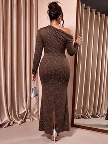 Cravure Plus Size Coffee Brown Shimmer Asymmetric Neck Long Sleeve Twisted Knot Ruched Waist Fitted Dress Fall - Coffee Brown - View 3
