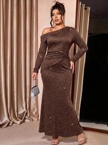 Cravure Plus Size Coffee Brown Shimmer Asymmetric Neck Long Sleeve Twisted Knot Ruched Waist Fitted Dress Fall - Coffee Brown - View 2