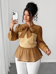 Rometta Blus Elegan Ukuran Besar, Kain Bertekstur, Hiasan Kancing Mutiara, Memperindah Pinggang, Melangsingkan, Blus Lengan Panjang untuk Halloween - Coklat - View 5