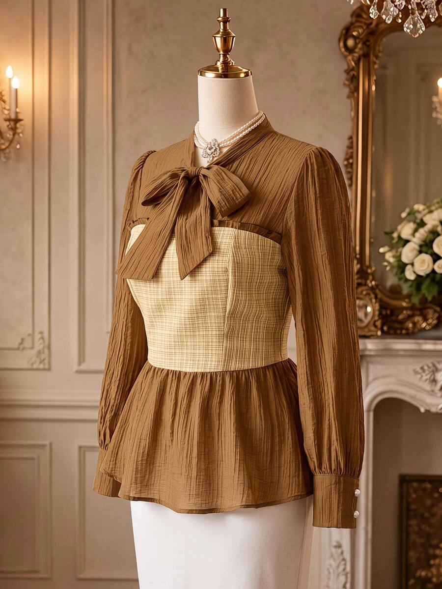 Rometta Blus Elegan Ukuran Besar, Kain Bertekstur, Hiasan Kancing Mutiara, Memperindah Pinggang, Melangsingkan, Blus Lengan Panjang untuk Halloween - Coklat - View 1