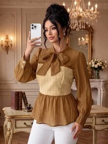 Rometta Blus Elegan Ukuran Besar, Kain Bertekstur, Hiasan Kancing Mutiara, Memperindah Pinggang, Melangsingkan, Blus Lengan Panjang untuk Halloween - Coklat - View 2