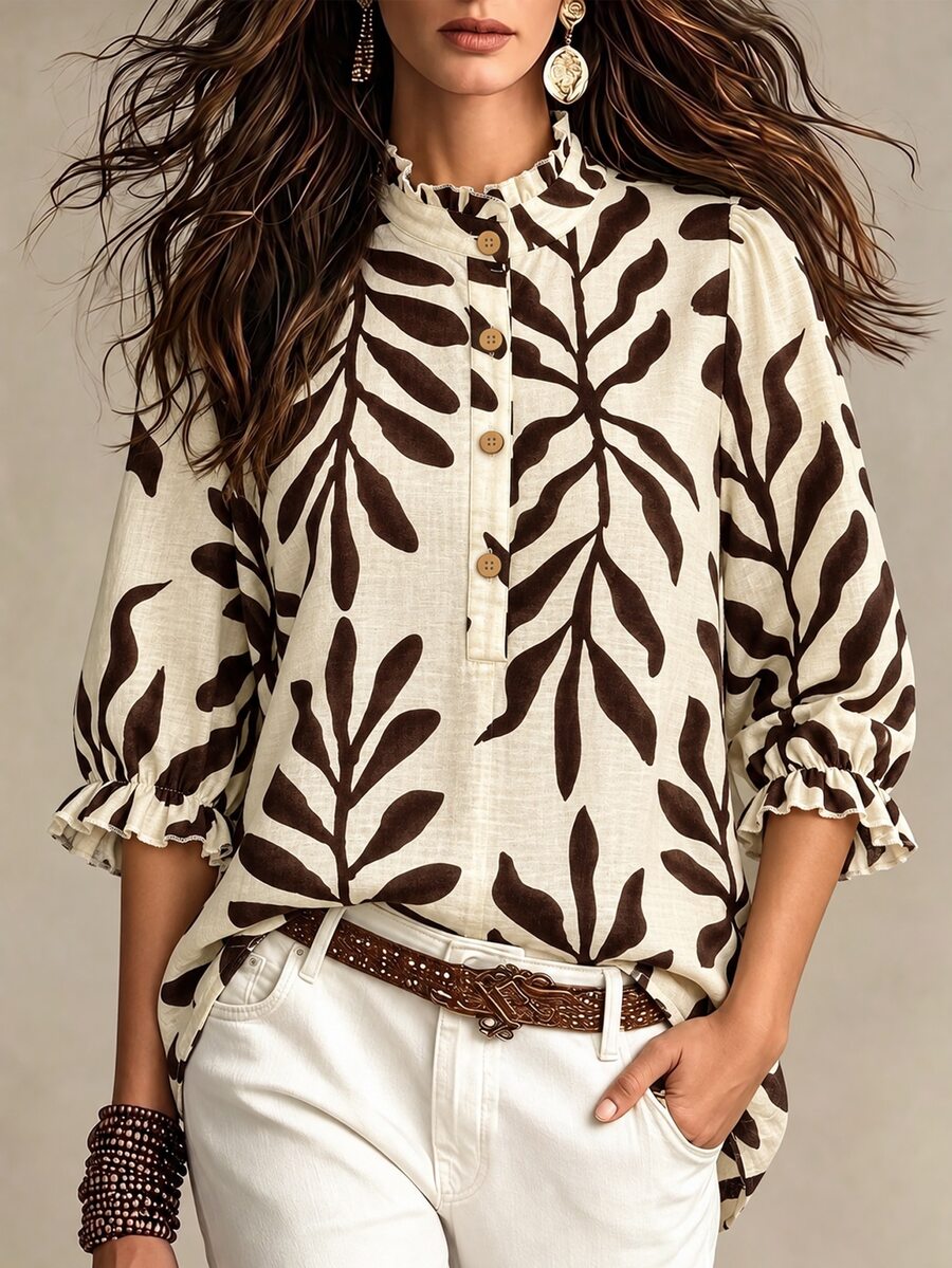 Weeklong Plus Size Women's Frill Trim Stand Collar Mid-Length Sleeve Loose Blouse Suitable For Beach Vacation Daily Commute Shirt Brown Autumn Boho Casual Fall - Brown - View 1
