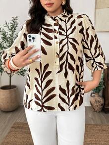 Weeklong Plus Size Women's Frill Trim Stand Collar Mid-Length Sleeve Loose Blouse Suitable For Beach Vacation Daily Commute Shirt Brown Autumn Boho Casual Fall - Brown - View 8