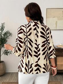 Weeklong Plus Size Women's Frill Trim Stand Collar Mid-Length Sleeve Loose Blouse Suitable For Beach Vacation Daily Commute Shirt Brown Autumn Boho Casual Fall - Brown - View 3