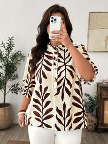 Weeklong Plus Size Women's Frill Trim Stand Collar Mid-Length Sleeve Loose Blouse Suitable For Beach Vacation Daily Commute Shirt Brown Autumn Boho Casual Fall - Brown - View 7