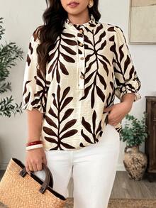 Weeklong Plus Size Women's Frill Trim Stand Collar Mid-Length Sleeve Loose Blouse Suitable For Beach Vacation Daily Commute Shirt Brown Autumn Boho Casual Fall - Brown - View 6
