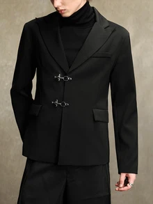 ROMWE MEN Street Life Men's Solid Color Airplane Buckle Fashion Commute Travel Suit Jacket - Black - View 4