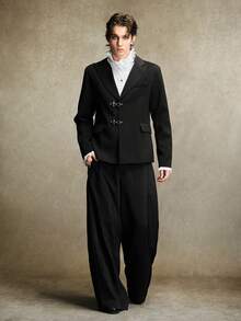 ROMWE MEN Street Life Men's Solid Color Airplane Buckle Fashion Commute Travel Suit Jacket - Black - View 8