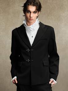 ROMWE MEN Street Life Men's Solid Color Airplane Buckle Fashion Commute Travel Suit Jacket - Black - View 9