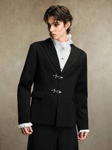 ROMWE MEN Street Life Men's Solid Color Airplane Buckle Fashion Commute Travel Suit Jacket - Black - View 5