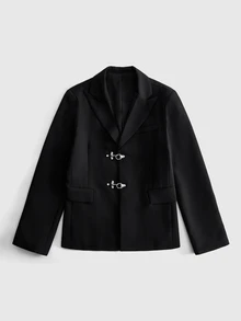 ROMWE MEN Street Life Men's Solid Color Airplane Buckle Fashion Commute Travel Suit Jacket - Black - View 1