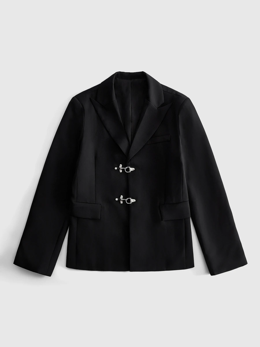 ROMWE MEN Street Life Men's Solid Color Airplane Buckle Fashion Commute Travel Suit Jacket - Black - View 1
