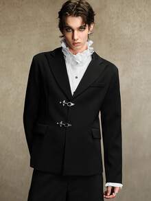 ROMWE MEN Street Life Men's Solid Color Airplane Buckle Fashion Commute Travel Suit Jacket - Black - View 6