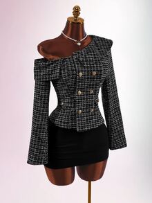 Amplova Luxury Elegant French Y2K Asymmetric Shoulder Camellia Double-Breasted Warm Jacket For Women Going Out Black And White Fall - Black - View 4