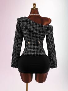 Amplova Luxury Elegant French Y2K Asymmetric Shoulder Camellia Double-Breasted Warm Jacket For Women Going Out Black And White Fall - Black - View 2