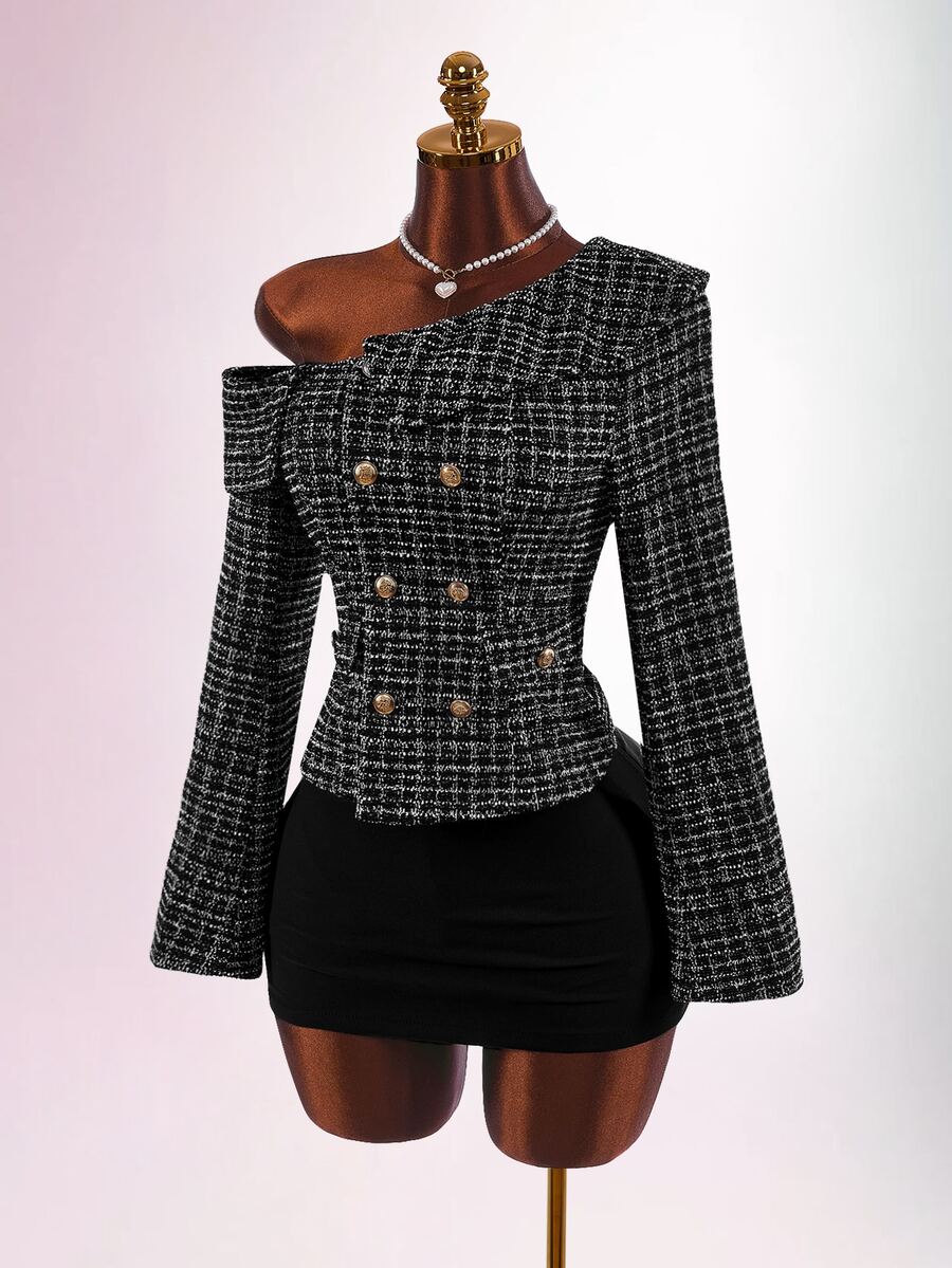 Amplova Luxury Elegant French Y2K Asymmetric Shoulder Camellia Double-Breasted Warm Jacket For Women Going Out Black And White Fall - Black - View 1